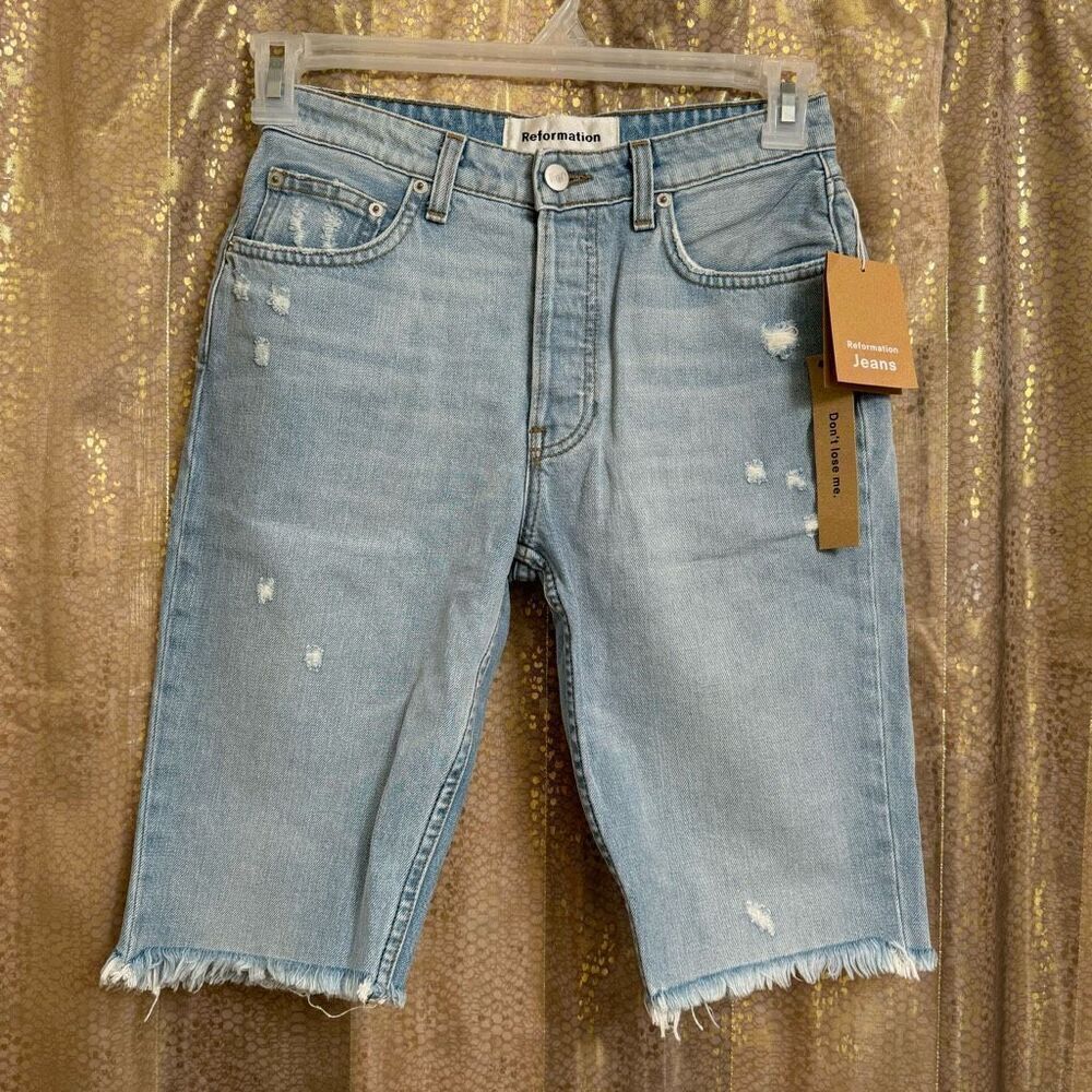 Reformation Light Blue Mid Rise Bermuda Light Distressed Shorts Size 25 NWT
